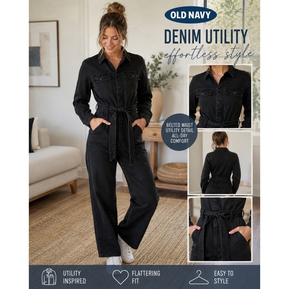 Old Navy Jumpsuit WOMEN Medium Dark Wash Denim Long Sleeve Belted Utility Boiler